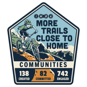 Bade from IMBA in pentagon shape that says More Trails Closer to Home. Communities. 138 created, 82 committed, 742 engaged. A picture of a person on a bike riding on a trail.