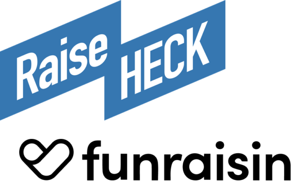 Blue logo with white words that say Raise HECK and a black and white logo with a heart that says funraisin